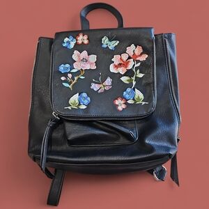 Floral Embroidered Black Backpack